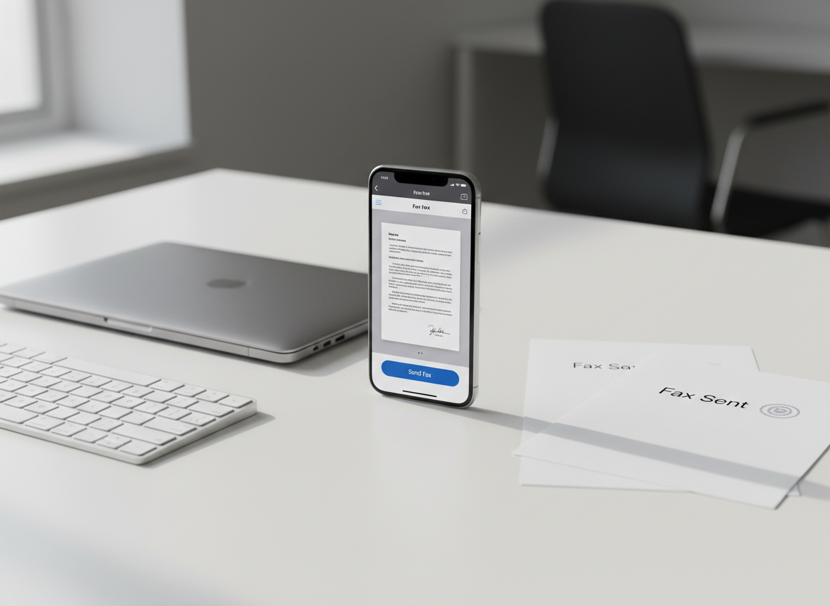 A sleek modern iPhone resting on a minimalist white desk, its screen displaying a clean, professional fax app interface with a clearly visible “Send Fax” button and a preview of a document. Around the phone are neatly arranged office elements: a closed silver laptop, a slim wireless keyboard, and a few crisp white sheets marked “Fax Sent” with a subtle stamp icon. Soft daylight from an unseen window washes over the scene, creating gentle shadows and faint reflections on the phone’s glass. Shot at a slightly elevated angle with a shallow depth of field, the background fades into a soft blur, emphasizing efficiency, clarity, and photographic realism suitable for a business-focused landing page.