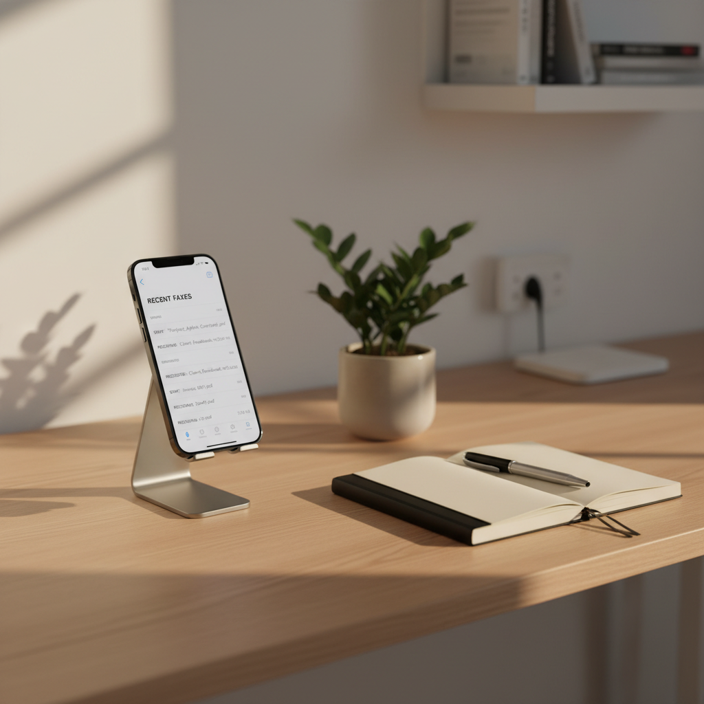 A tidy home office setup featuring an iPhone propped upright in a simple aluminum stand, screen displaying an organized list of recently sent and received faxes with document titles and timestamps. The phone sits beside a slim notebook, a minimalist pen, and a small potted plant with deep green leaves on a light oak desk. Late afternoon natural light streams across from the left, creating a warm yet professional atmosphere and long, soft shadows. Photographically captured at eye level with sharp focus throughout, the composition uses balanced negative space to convey simplicity, reliability, and the ease of managing faxes from anywhere without clutter or cables.