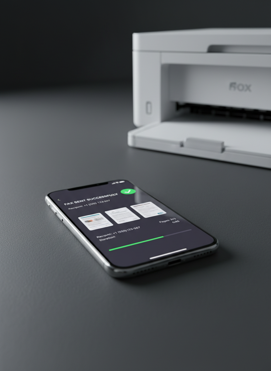 An elegant close-up of an iPhone lying on a matte charcoal surface, its display showing a detailed fax transmission progress screen with clear status indicators, page thumbnails, and a green confirmation checkmark. Beside it sits a compact, modern all-in-one printer, out of focus but recognizable, symbolizing old hardware being replaced. Cool, diffused studio lighting highlights the smooth metallic edges of the phone and the subtle texture of the surface, casting soft, controlled shadows. Captured from a low, side angle with the phone positioned on the rule of thirds, the mood is professional and forward-thinking, with crisp photographic realism and a clean, tech-oriented aesthetic.